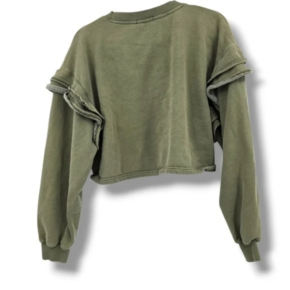 7 For All Mankind Olive Green Ruffle Long Sleeve Cropped Sweatshirt Large - Picture 2 of 10